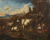 Paesaggio con rovine, armenti e pastore by Philipp Peter Roos Detto Rosa Da Tivoli, sold Feb 2023