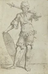 Salvator Rosa, Guerriero esotico indossa un cappello testa di leone, in possesso di una mazza e scudo, print (other)