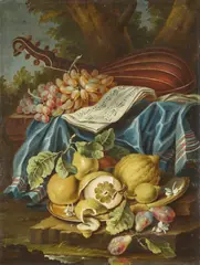 Maximilian Pfeiler, Natura morta con vassoio di agrumi, pere e gelsomini, strumento musicale e uva