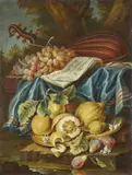 Maximilian Pfeiler, Natura morta con vassoio di agrumi, pere e gelsomini, strumento musicale e uva