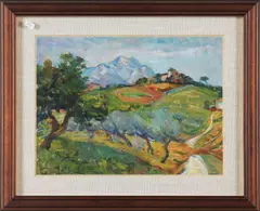 Giulio Vito Musitelli, Lotto composto da due dipinti, uno al fronte ed uno al retro. Paesaggio con alberi e paese