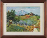 Giulio Vito Musitelli, Lotto composto da due dipinti, uno al fronte ed uno al retro. Paesaggio con alberi e paese