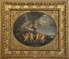 Francesco Albani, Copia da, La danza degli amorini in imponente cornice in legno dorato e intagliato del XIX secolo