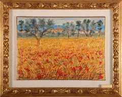 Michele Cascella, Campo di grano con papaveri, oil on canvas