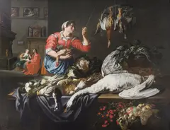 Adriaen van Utrecht, Ambito di. Scena di cucina con natura morta di cacciagione, frutta e ortaggi (Cristo nella casa di Marta e Maria)