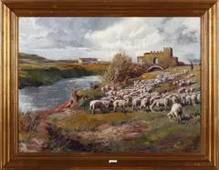 Mario Barberis, Senza titolo ( Veduta con gregge di pecore e fiume)