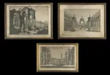 Incisore Del Xviii Secolo, Gruppo di tre acqueforti raffiguranti: Scena d'invenzione e disegno del Cavalier Bibiena rappresentante giardino reale con ringhiere; Ampia villa real che ancora abbella di colonne ordin vario e torre, print (other)