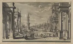 Johann Andreas Pfeffel, Veduta immaginaria di porto fluviale, campidoglio antico, templi e regia, print (other)