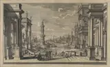 Johann Andreas Pfeffel, Veduta immaginaria di porto fluviale, campidoglio antico, templi e regia, print (other)