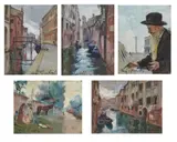 Carlo Cherubini, Gruppo di cinque dipinti raffiguranti canale veneziano; ritratto di pittore; canale veneziano; paesaggio con figure e cavallo; canale veneziano