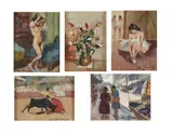 Carlo Cherubini, Gruppo di cinque dipinti raffiguranti nudo di donna; natura morta di fiori; ballerina; torero; paesaggio con figure