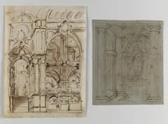 Autori Vari, Coppia di disegni raffiguranti interno di palazzo e studio per decorazione