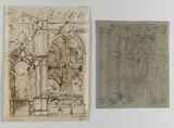 Autori Vari, Coppia di disegni raffiguranti interno di palazzo e studio per decorazione
