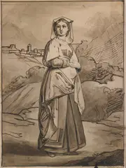Bartolomeo Pinelli, Attribuito a. Popolana romana in costume. Al retro due studi di donne