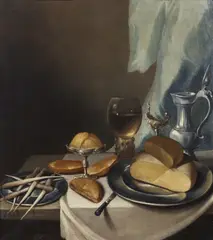 Pieter Claesz, Cerchia di. Tavola imbandita con cibo e vasellame