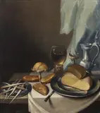 Pieter Claesz, Cerchia di. Tavola imbandita con cibo e vasellame