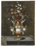 Maestro Del Vaso A Grottesche, Vaso di fiori con stemmi araldici e uccellini