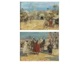 Mariano Fortuny, Attribuiti a. Coppia di dipinti raffiguranti paesaggi con personaggi arabi