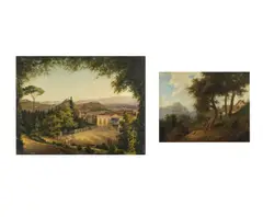 Fabio Borbottoni, Coppia di dipinti raffiguranti paesaggi con figure della campagna toscana