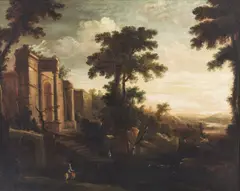 Crescenzo Onofri, Attribuito a. Paesaggio con rovine, cavaliere e personaggi
