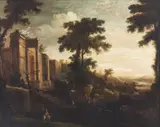 Crescenzo Onofri, Attribuito a. Paesaggio con rovine, cavaliere e personaggi