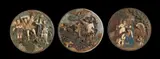 Marco Augusto Dueñas, Gruppo di tre tondi, in stile tardo rinascimentale, lignei policromi ad intaglio raffiguranti Marte e Venere legate da Amore; la scena dei tre arcangeli Michele, Raffaele, Gabriele e Tobiolo; i quattr, sculpture