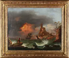 Joseph Vernet, Seguace di. Coppia di marine con barche e personaggi