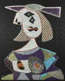 Femme by Enrico Baj, 1972, ricamo di paillettes on stoffa tesa on panel, sold Dec 2019