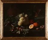 Pittore Del Xvii Secolo, Coppia di dipinti: Natura morta di frutta e Natura morta con oggetti in ceramica