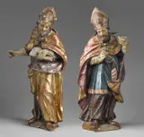 Scultore Veneto Del Xviii Secolo, Coppia di santi vescovi in legno intagliato policromo, sculpture