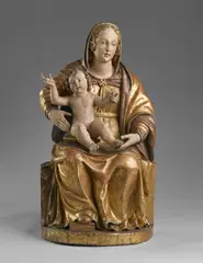 Scultore Veneto Del XV Secolo, Madonna con Bambino in legno policromo e dorato, sculpture