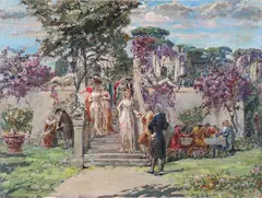 Vittorio Giunti, Giardino e figure in abiti settecenteschi