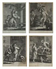 Giovanni Volpato, Lotto composto da 4 incisioni raffiguranti L'astrologo. Goncia Gareghe. L'orso che balla. Savoiardi con la lanterna magica, print (other)
