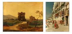 Artisti Vari, Coppia di dipinti: paesaggio con torre; veduta di Venezia con personaggi