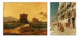 Artisti Vari, Coppia di dipinti: paesaggio con torre; veduta di Venezia con personaggi