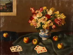 Xavier Bueno, Natura morta con tulipani, mele e carte da gioco