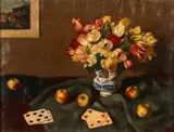 Natura morta con tulipani, mele e carte da gioco by Xavier Bueno, sold May 2018