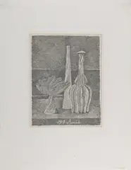 Giorgio Morandi, Natura morta con compostiera, bottiglia lunga e bottiglia, print (other)