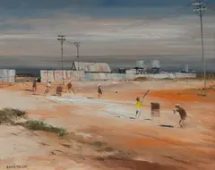 The Dusty Cricket Game, Tibooburra, Western N.S.W by Colin Parker, Oil on Board, sold Aug 2023
