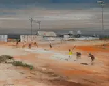 Colin Parker, The Dusty Cricket Game, Tibooburra, Western N.S.W, Oil on Board