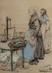 E H Rix Nicholas, Breton Fisherwomen, Charcoal & Pastel