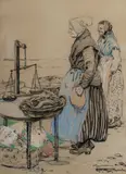 E H Rix Nicholas, Breton Fisherwomen, Charcoal & Pastel