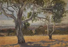Allan C. Glover, Gum Trees and Distant City, possibly Adelaide, Oil on Canvas on Board