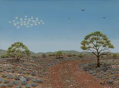 Hugh Schulz, Outback Road with Flight of Cockatoos, Oil on Canvas on Board