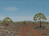 Hugh Schulz, Outback Road with Flight of Cockatoos, Oil on Canvas on Board