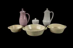 Guy Boyd, 6 Various Ceramic Items, 3 graduated bowls with twin loop handles (Dia.22cm largest); pink glazed covered wine jug (H24cm) (handle repaired); and a matching covered jug and covered bowl (H23.5cm jug)