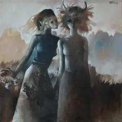 Anand Panin, Two Women with Marks, Oil on Canvas on Board
