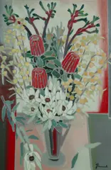 Joanne Thew, Banksia, Leucadendrons and Kangaroo Paw, Oil on Board