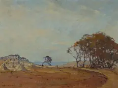 Anton David Riebe, Hay Field with Ocean View, Oil on Board
