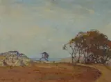 Anton David Riebe, Hay Field with Ocean View, Oil on Board